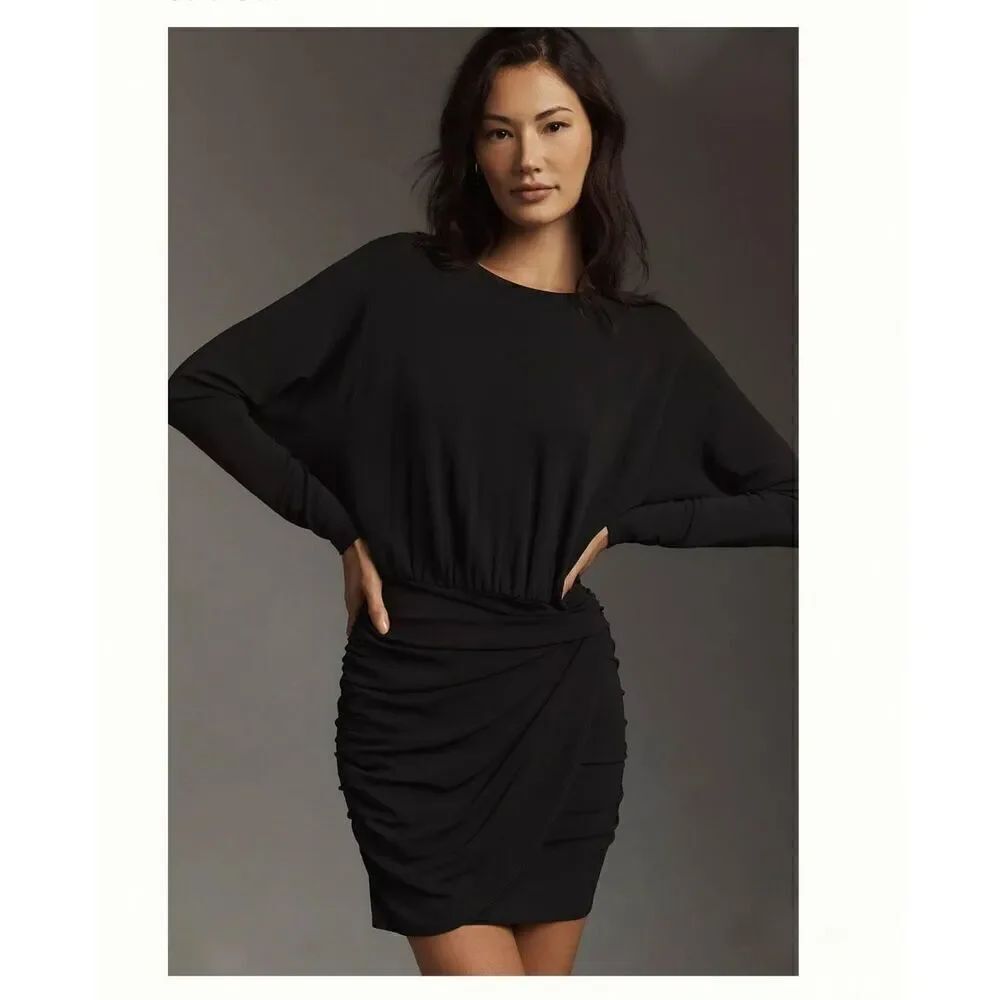 Graham & Spencer Anthropologie Black Stretch Jersey Knit Ruched Skirt Dolman Sle